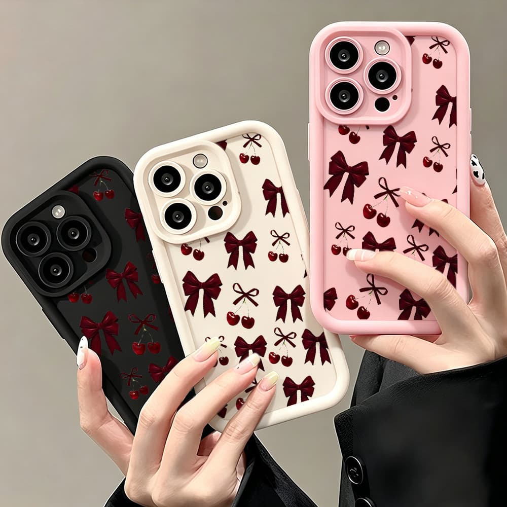 Capinha De Celular Laço Vinho Cereja Para IPhone 14 15 16 17 18 XR 11 12 13 Pro Max Plus Silicone Macio Capinha