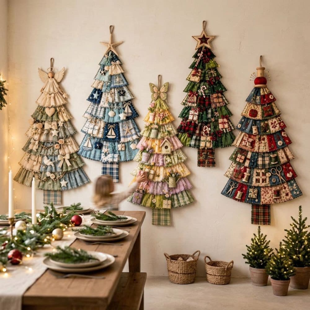 LACYES Patchwork Árvore De Natal Porta Pendurada , Impressão Xadrez Tecido Oversized Costurado À Mão , Feito