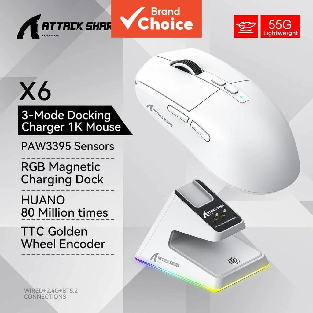 Mouse Gamer Sem Fio Tri-Modo SHARK ATTACK X6 PAW3395 Mouse Ergonômico para PC e Laptop, Escritório
