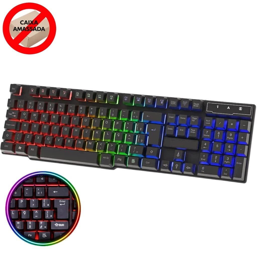 Teclado Gamer Semi-Mecânico USB Iluminação LED RGB Rainbow Anti-Ghosting Resistente a Água ABNT2 - CAIXA AMASSADA