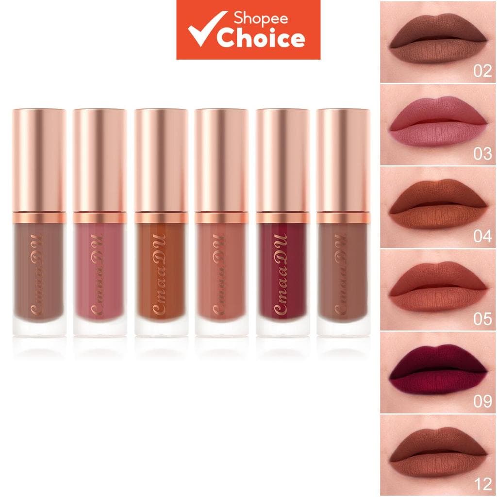 CmaaDu 6 peças/conjunto (02 03 04 05 09 12) Batom líquido matte aveludado à prova d'água, de longa duração, cremoso, à