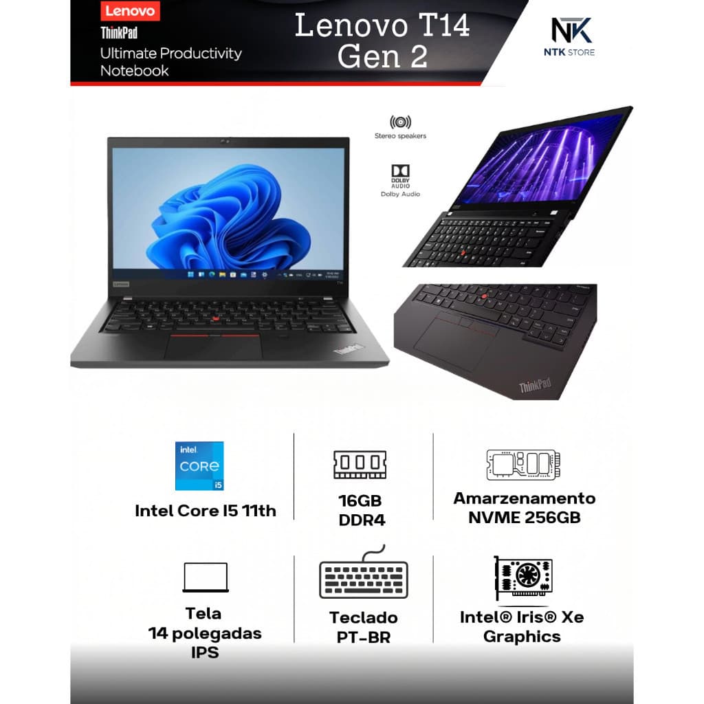 Notebook Lenovo ThinkPad T14 Gen2 Intel Core i5 11th /16gb ram / 256gb ssd /Tela 14"FHD
