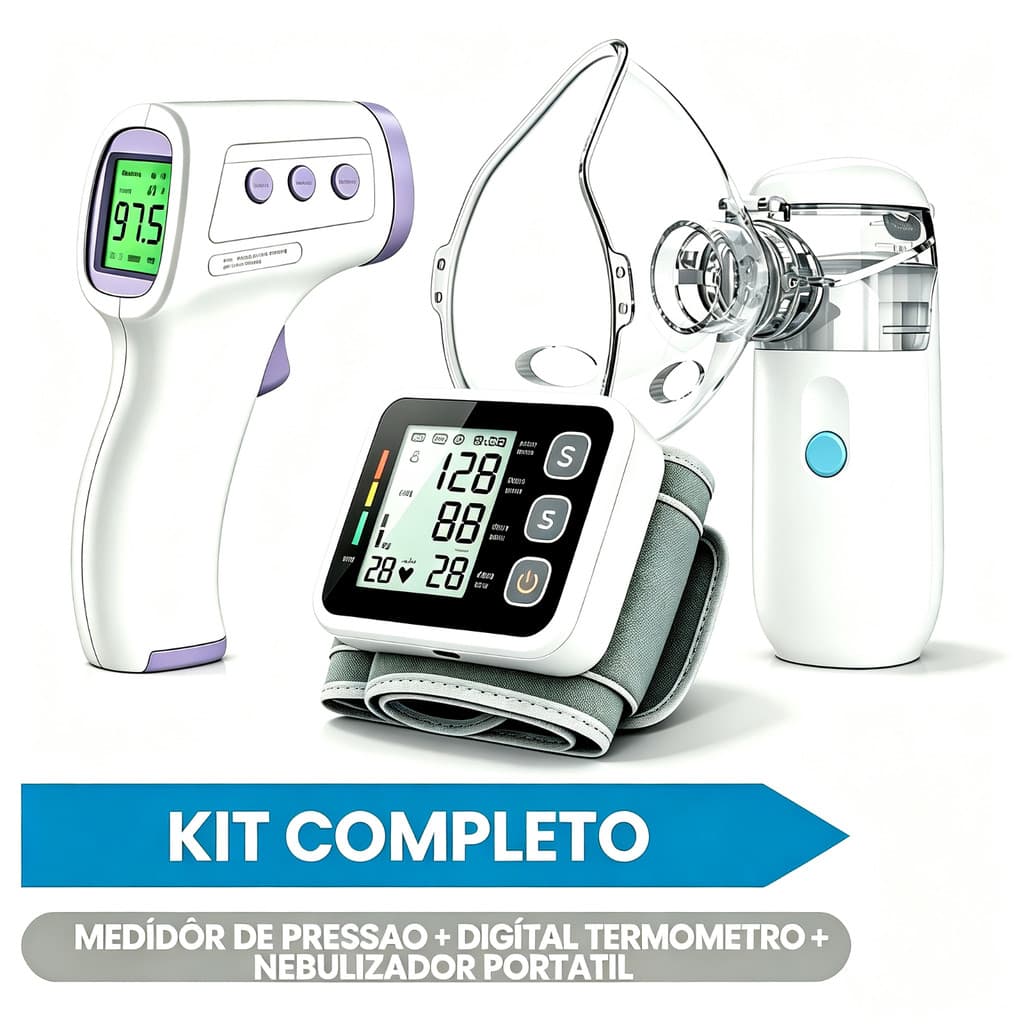 KIT Medidor de Pressão Digital + Nebulizador + Termômetro Infravermelho Sem Contato MOBY LUX