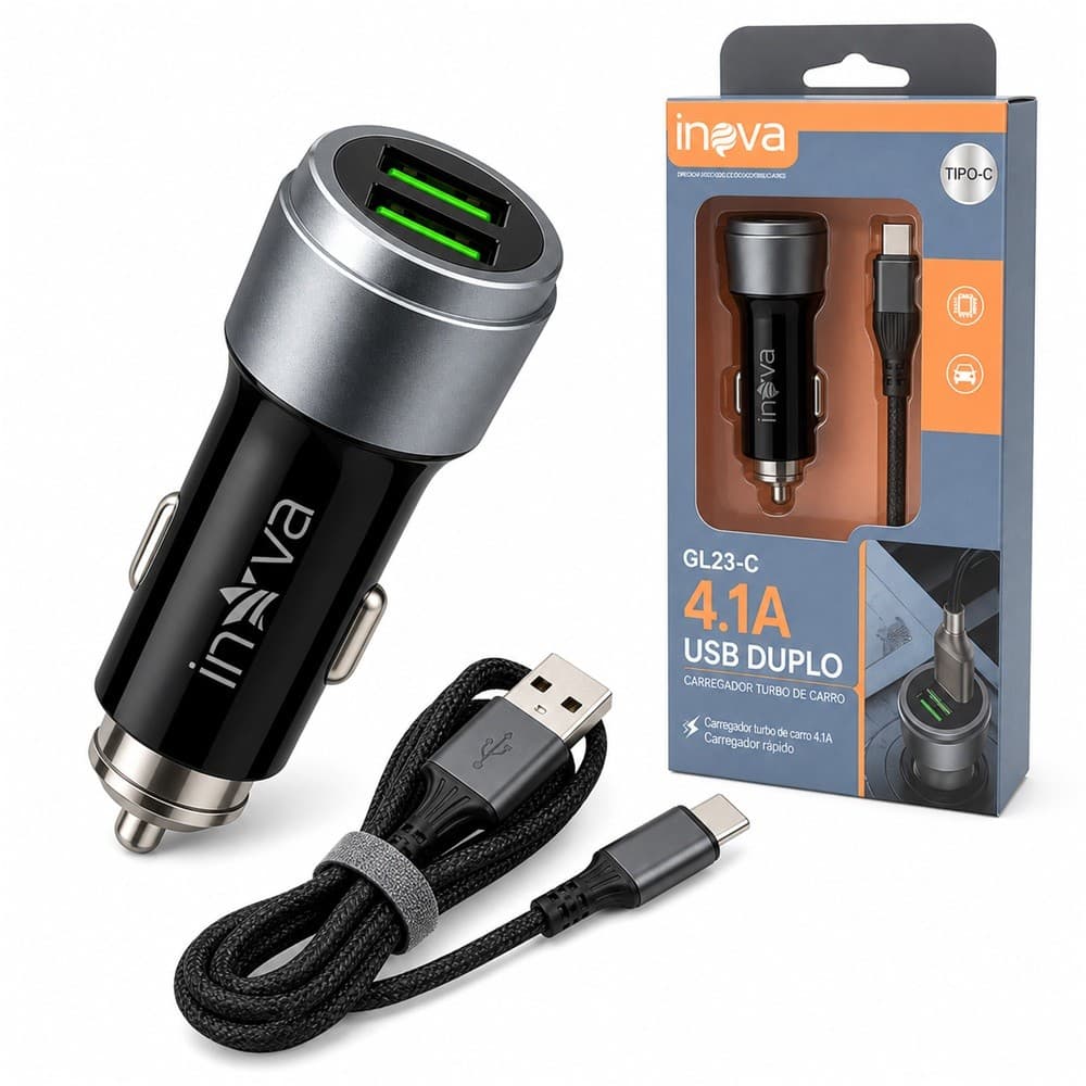 Carregador Veicular INOVA GL23-C Turbo 12V com 2 Portas USB 4.1A e Cabo Tipo-C - Cor Vermelho