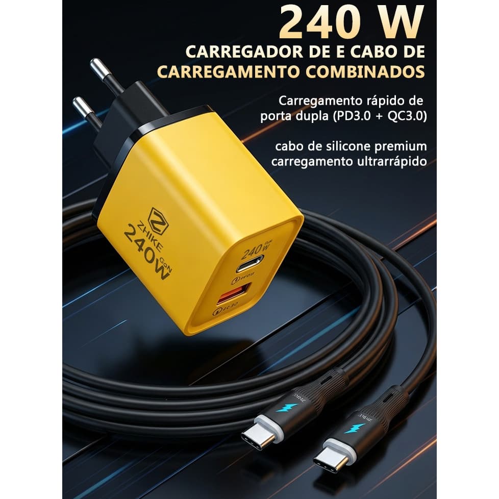 Carregador 3 Em 1 ZHIKE Cabo Super Rápido Tipo C Para Tipo C iP 240W 1 M Silicone Trançado GaN Adaptador Recarga Celular
