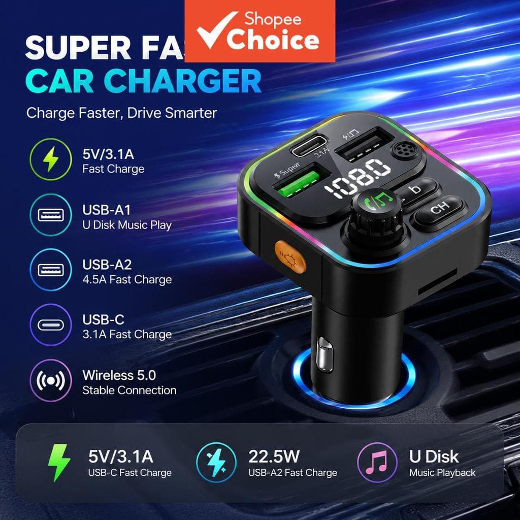 Transmissor FM para Carro Suporte USB-C QC3.0 PD20W Bluetooth 5.0 Player de Música Carregador Veicular Multifuncional