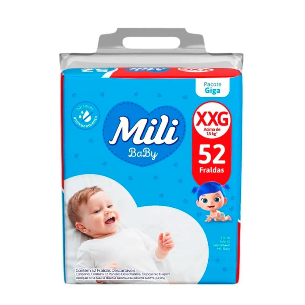 Fralda Mili Baby Tamanho XXG Pacote Giga 52 Unidades Descartáveis
