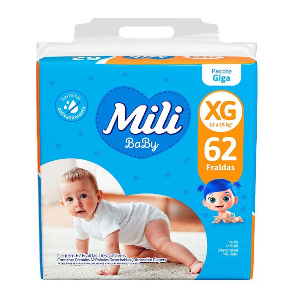 Fralda Mili Baby Tamanho XG Pacote Giga 62 Unidades Descartáveis