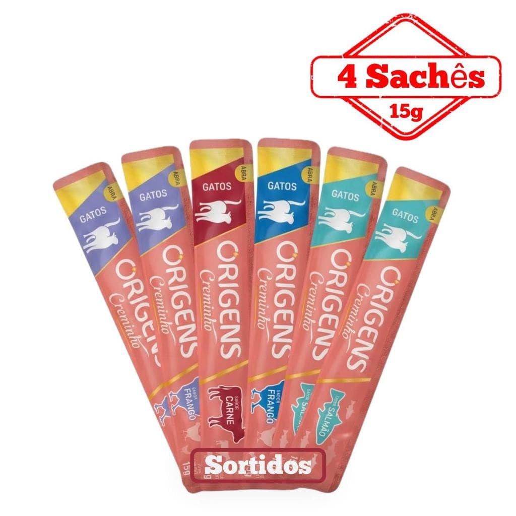 Petisco Cremoso Para Gatos Origens Creminho Snack Saudável Premium Sortidos 15g 4 Un.