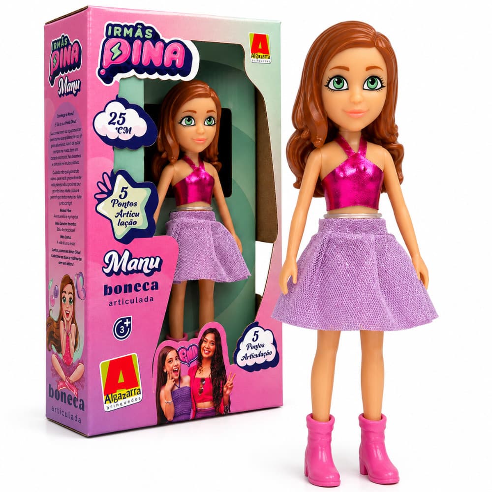 Boneca Manu Irmãs Pina 25cm Articulada Youtuber Influencer Infantil Menina Algazarra