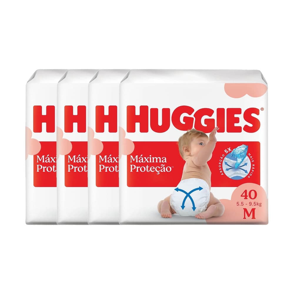 Kit 4 Fralda Huggies Máxima Proteção Tamanho M Mega 40 Unidades Descartáveis