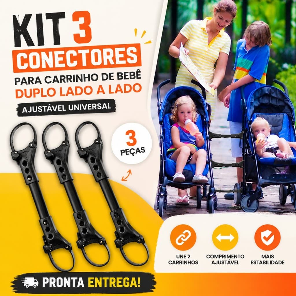 Kit 3 Conectores para Carrinho de Bebê Duplo Lado a Lado Ajustável Universal