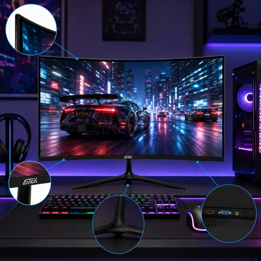Monitor Gamer 23,8 Full HD AMD FreeSync Curvo Painel VA 100Hz 3ms HDMI VGA LED VESA 75x75 Aitek