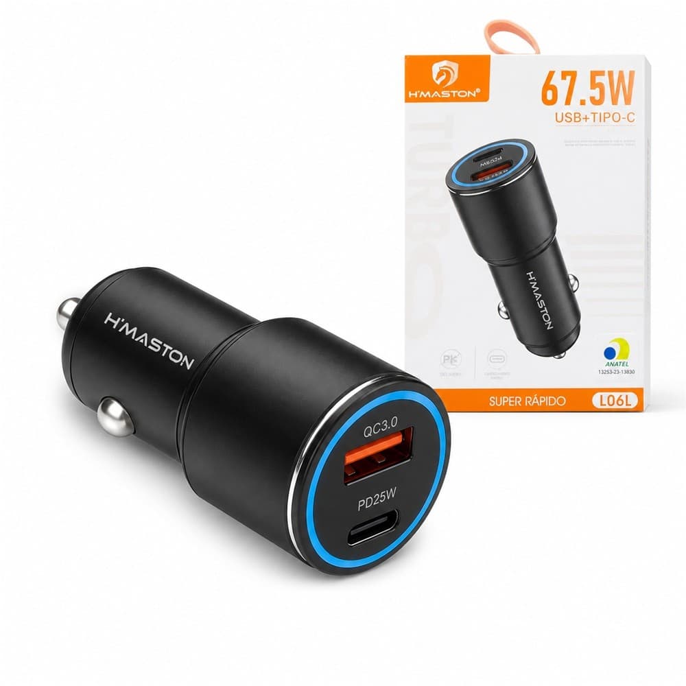 Carregador Veicular Hmaston L06L 67,5W Turbo com Portas USB e Tipo-C