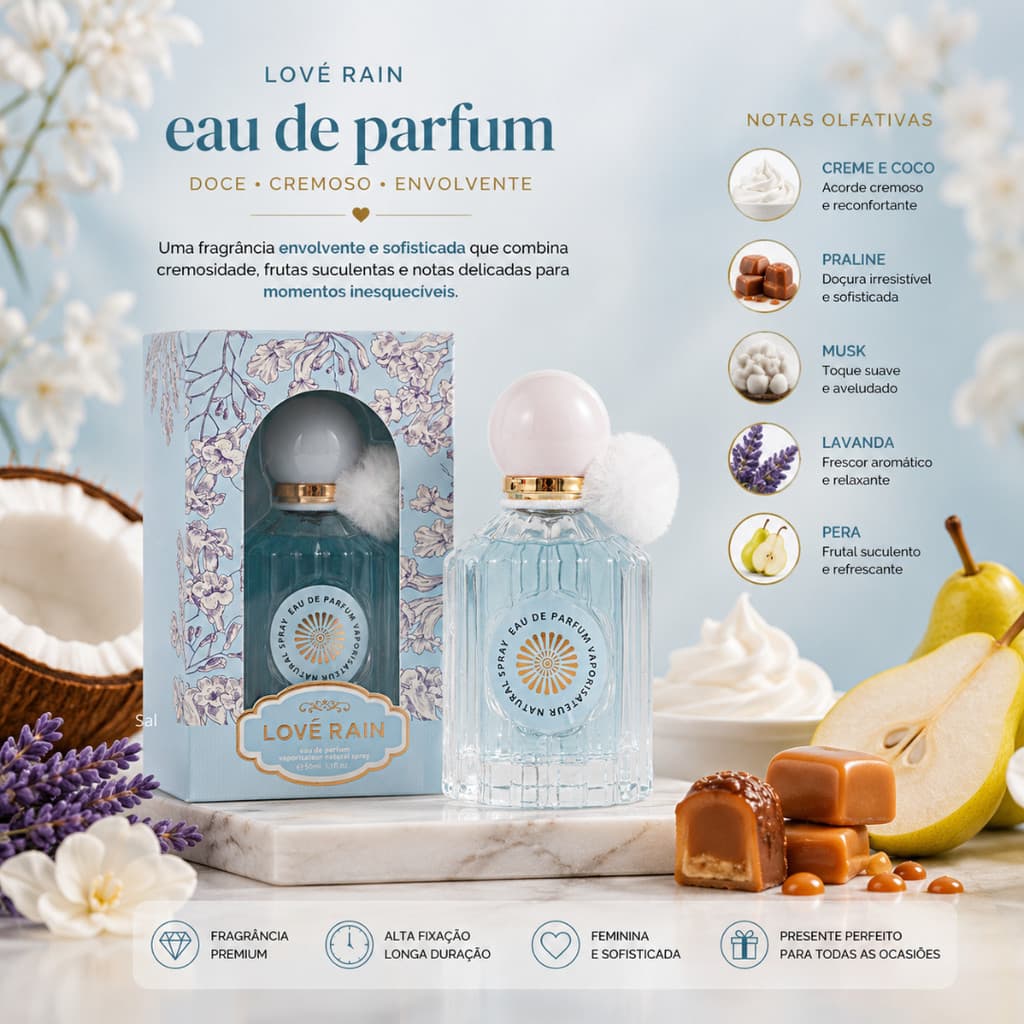 Perfume Feminino Importado Premium 50ml Lové Rain Longa Duração Creme Coco Praliné Musk Lavanda Pera HB5137