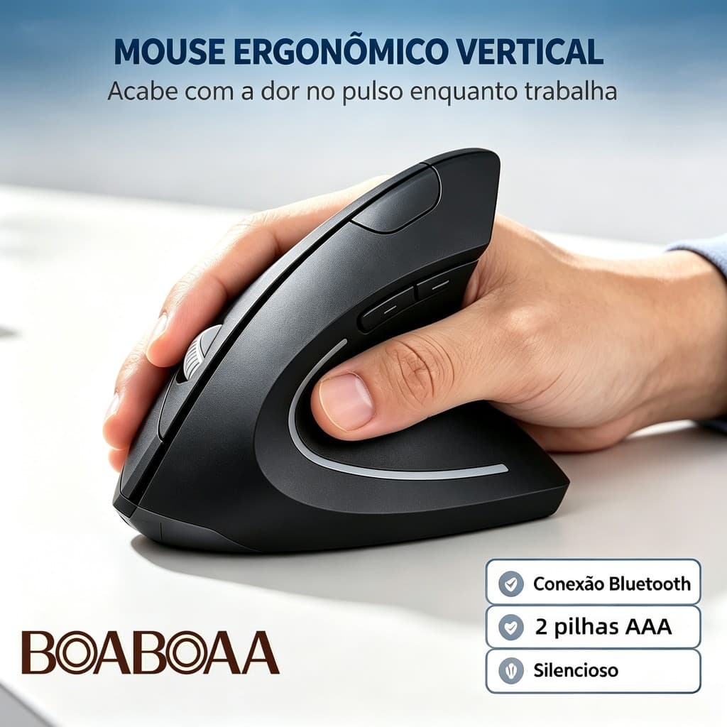 Mouse Vertical Ergonômico Sem Fio Recarregável, Bluetooth e 2.4G, LED, 1600DPI, Silencioso, Portátil