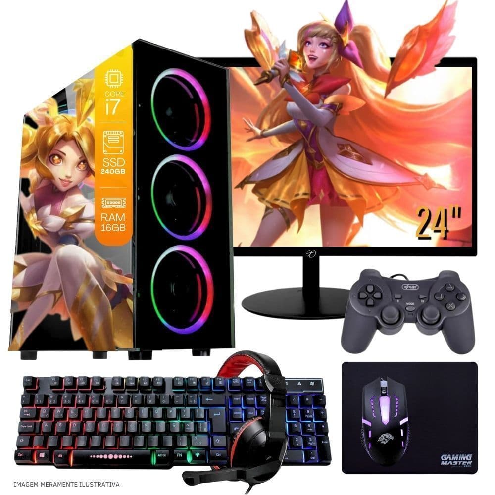 Computador PC Gamer  TOB   i7  240GB 16GB Kit Gamer e Headset Gamer Joystick Monitor 23” Windows 10 Pro Trial