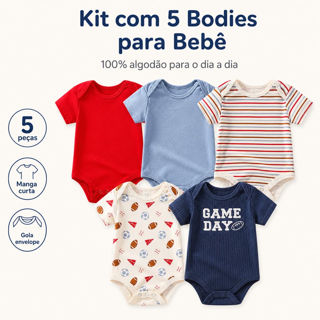 Body Infantil Bebê Kit 5 Peças 60% Algodão 40% Poliéster Manga Curta Bodies Enxoval Roupa Bebê Uso Diário Gola Envelope