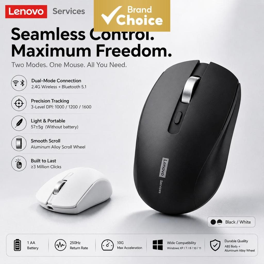 Mouse Óptico Lenovo N220 Leve e Sem Fio DPI Ajustável 1000-1600, Ergonômico, para Escritório e Laptop