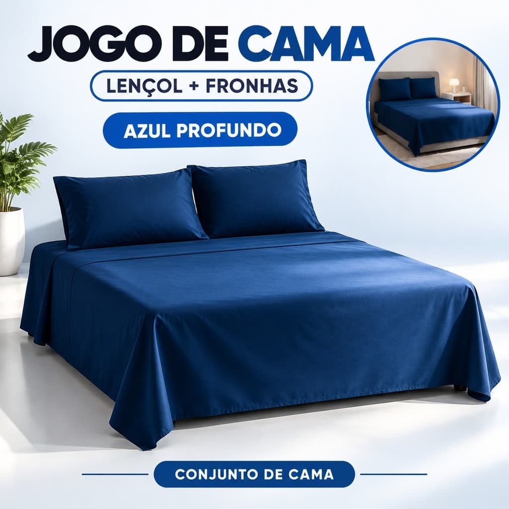 Jogo de Cama 3 Peças Azul 400 Fios com Lençol com Elástico para Cama de Casal 188x138x30cm