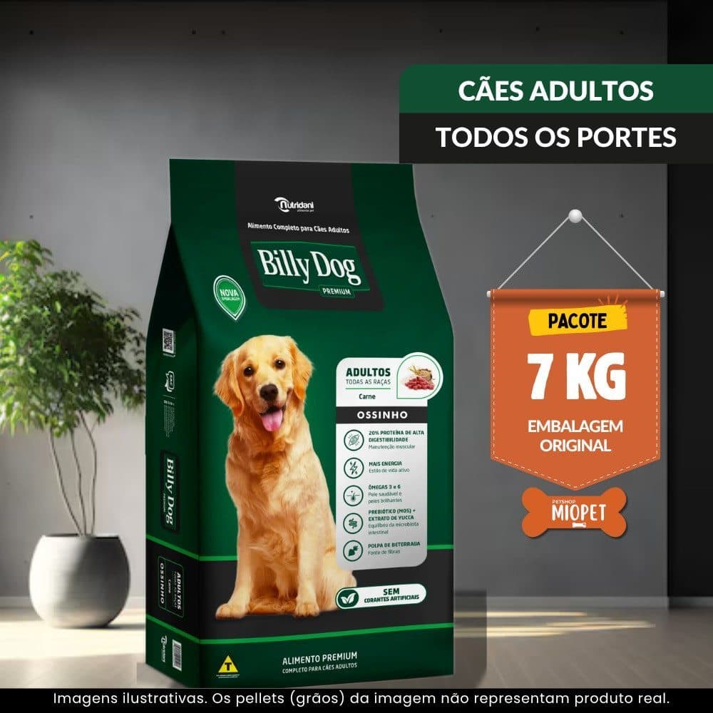 Ração para Cachorro Billy Dog Ossinho Cães Adultos 7 KG – Sabor Carne | 20% Proteína | Embalagem Original