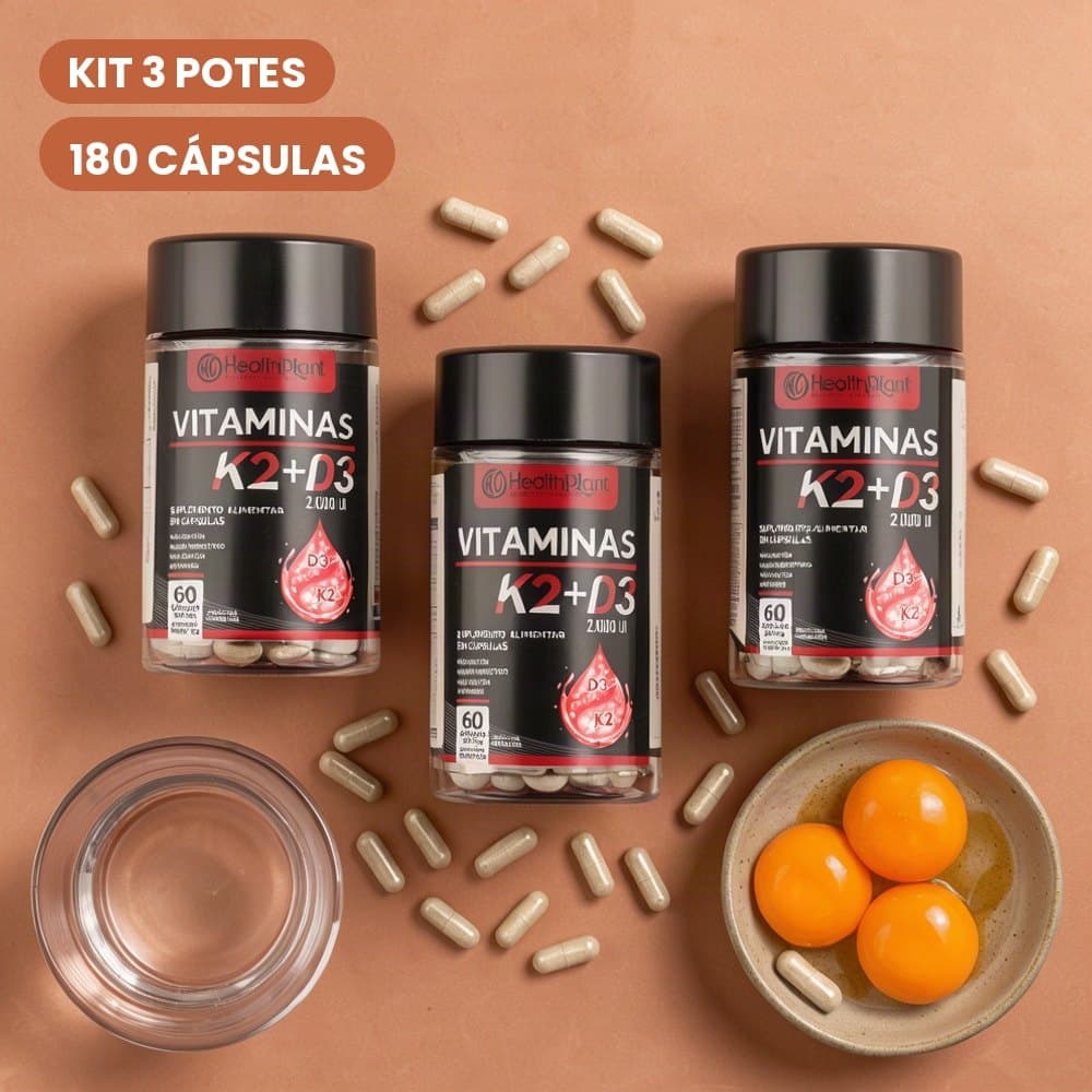 Vitamina K2 + Vitamina D3 2000ui 180 Cápsulas Kit 3 Potes Suplemento Alimentar Cápsula 500mg