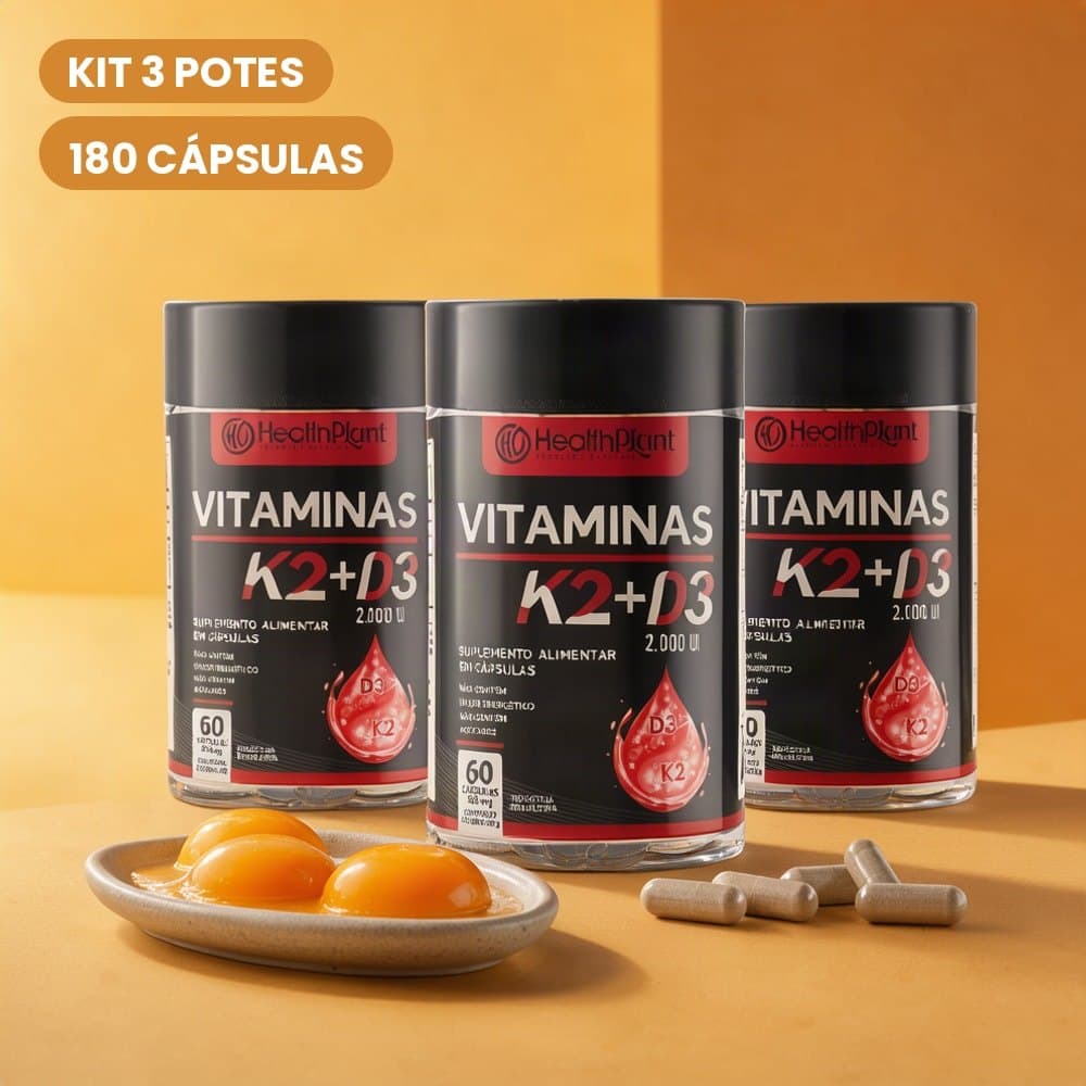 Suplemento Vitamina K2 + Vitamina D3 2000UI 500mg Kit 3 Potes 180 Cápsulas Unissex