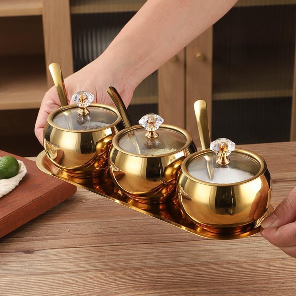 Kit3 Potes Açúcar Condimentos Com Bandeija Aço Inox 304 Esférico Cozinha Luxuoso Moderno Organizador