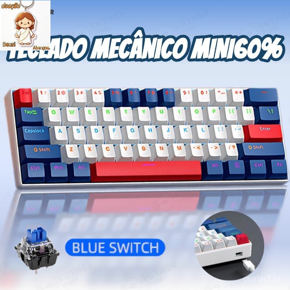 Teclado Mecânico 60% com Fio, Teclado Gamer com Retroiluminação RGB