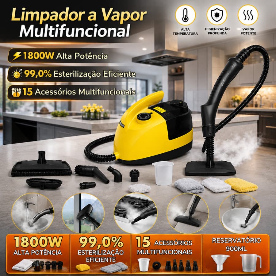 Limpeza a Vapor Potente sem Químicos | Remove Gordura e Bactérias Apenas com Água 1800w