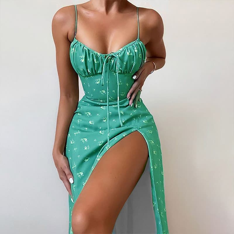 Vestido feminino, vestido formal, vestido longo, vestido sensual e elegante com estampa e fenda com amarração G41T