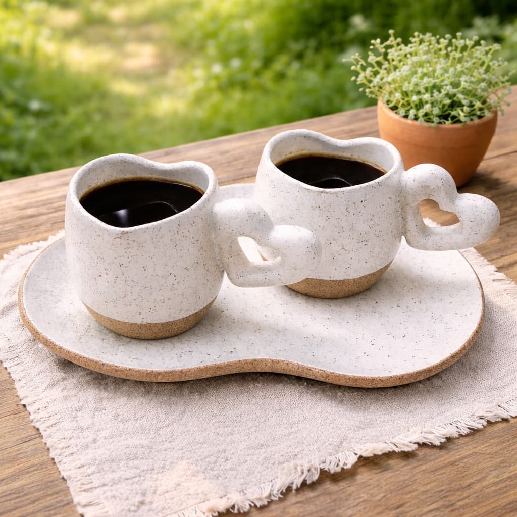 Kit Casal 3 peças Bandeja Orgânica + 2 Xícaras Coração 120ml Cerâmica Artesanal Café /Chá Louça Amor
