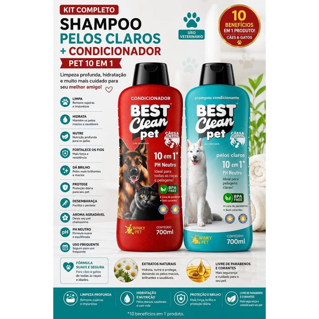 Kit Shampoo Pelos Claros + Condicionador Pet 10 em 1 700ml - Best Clean Pet, pH Neutro, Indicado para Cães e Gatos