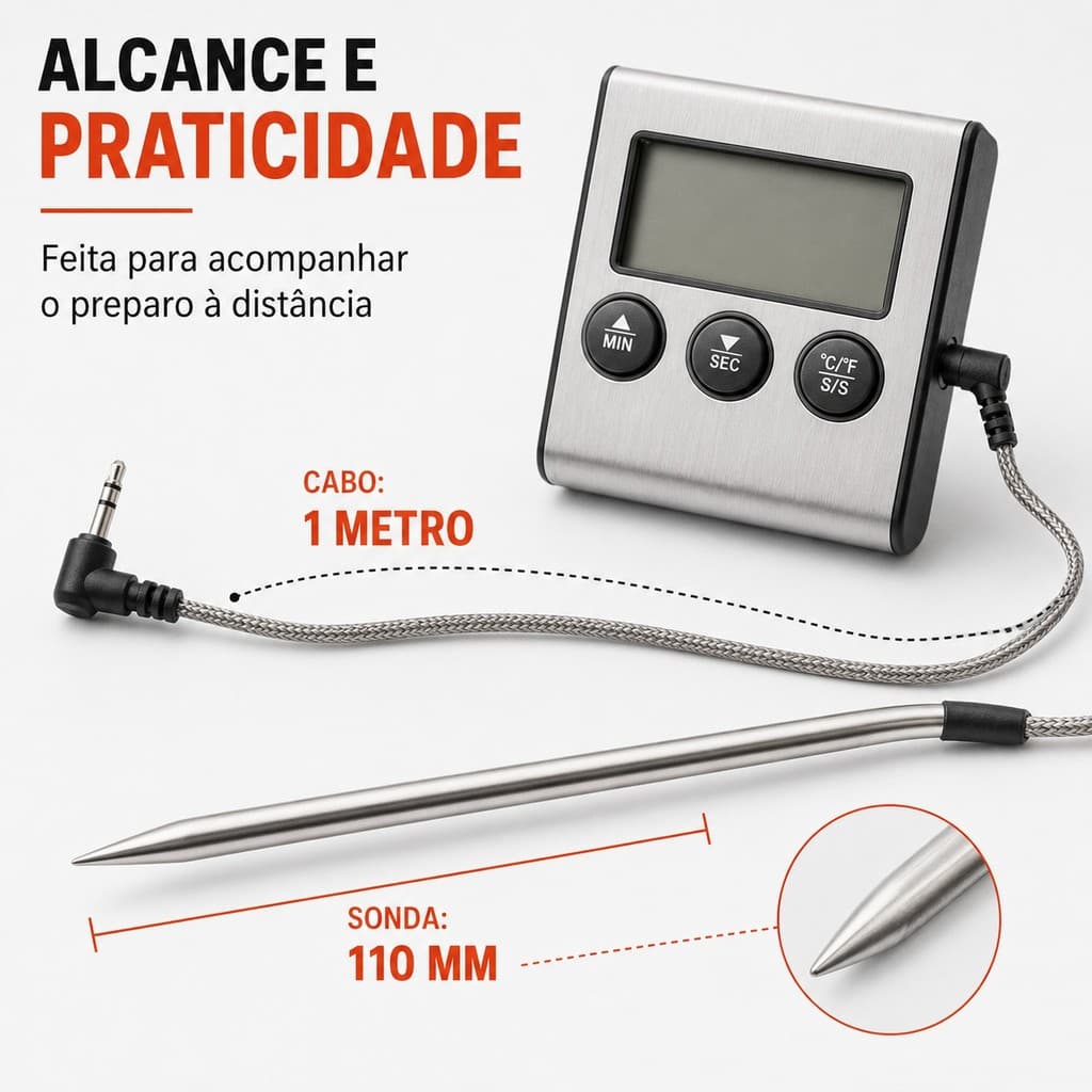 Termômetro Digital Culinário com Sonda Timer e Alarme -50°C a 300°C para Forno Churrasqueira e Defumador
