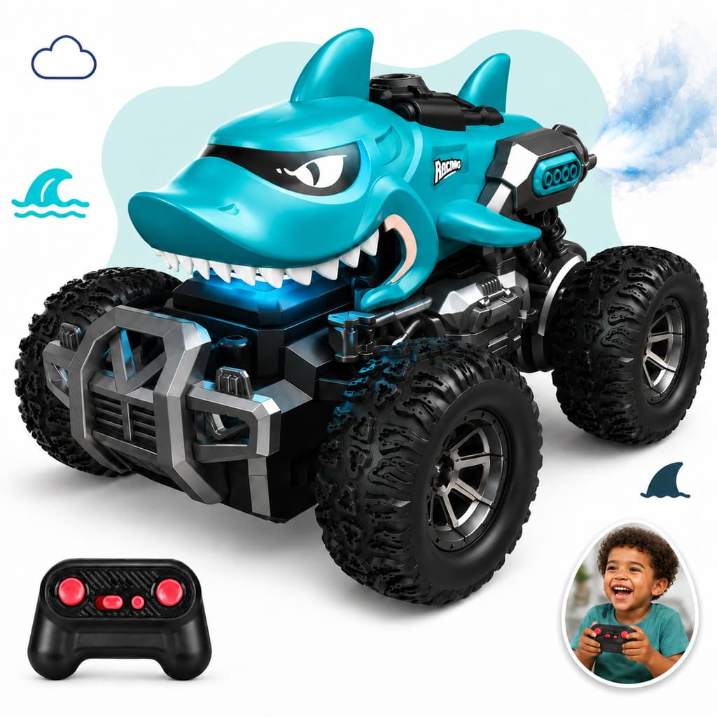 Carrinho Controle Remoto Tubarão Shark Solta Fumaça Luzes Coloridas Divertido Bateria Recarregável USB Infantil Kizumba