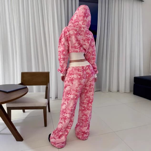 [Novo produto] Hip Hop Camuflagem Contraste Cor Moletom Com Capuz Rua Americana Hot Girl Solto Conjunto de Moletom Longo