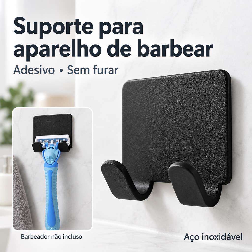 Suporte para Barbeador em Aço Inox Adesivo de Parede Sem Furos para Banheiro Porta Aparelho de Barbear Preto ou Prateado