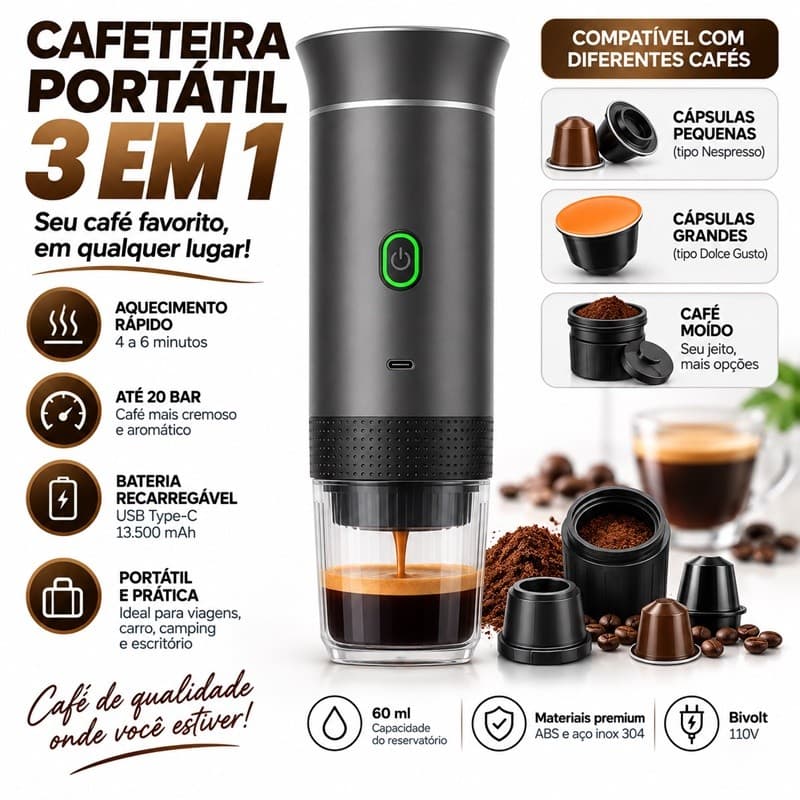 Máquina de Café Expresso Portátil 3 em 1 Elétrica Preta Cafeteira cápsulas ou Café Moído Dibea