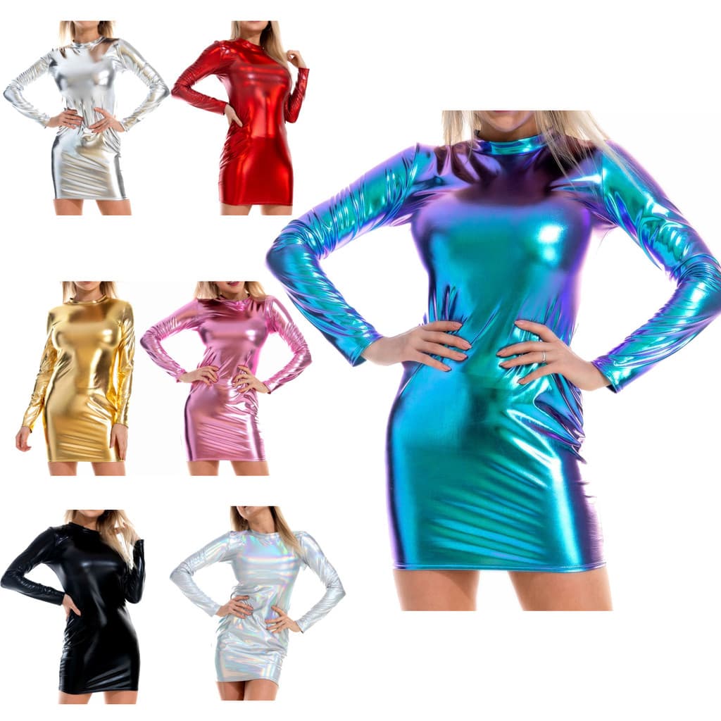 inhzoy Vestido Feminino Metálico Brilhante Bodycon , Gola Redonda , Manga Comprida , Vestidos Lápis Para Coquetel , Rave