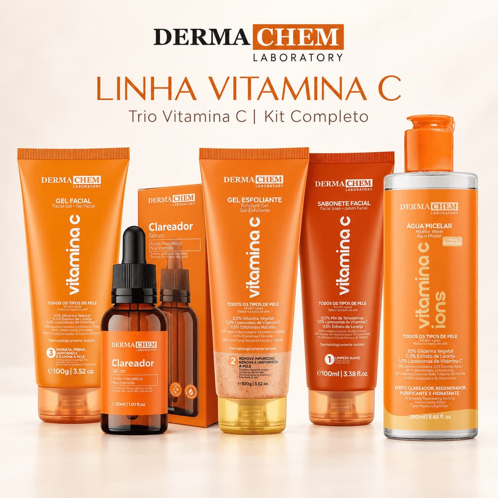 Kit Skincare Clareador Vitamina C Dermachem Serum Sabonete Esfoliante Hidratante e Agua Micelar