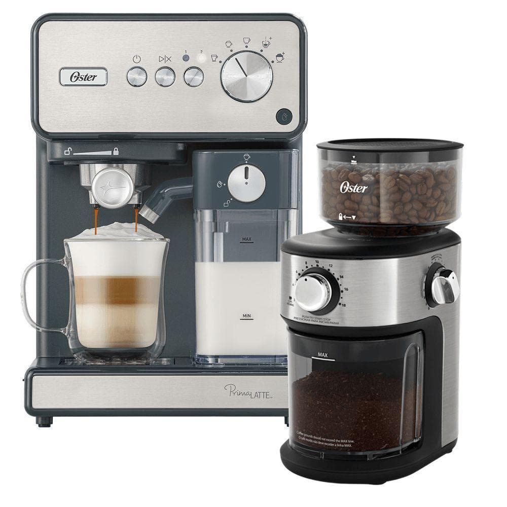 Kit Cafeteira Expresso Primalatte Inox Oster 18 Xícaras Cinza 110V