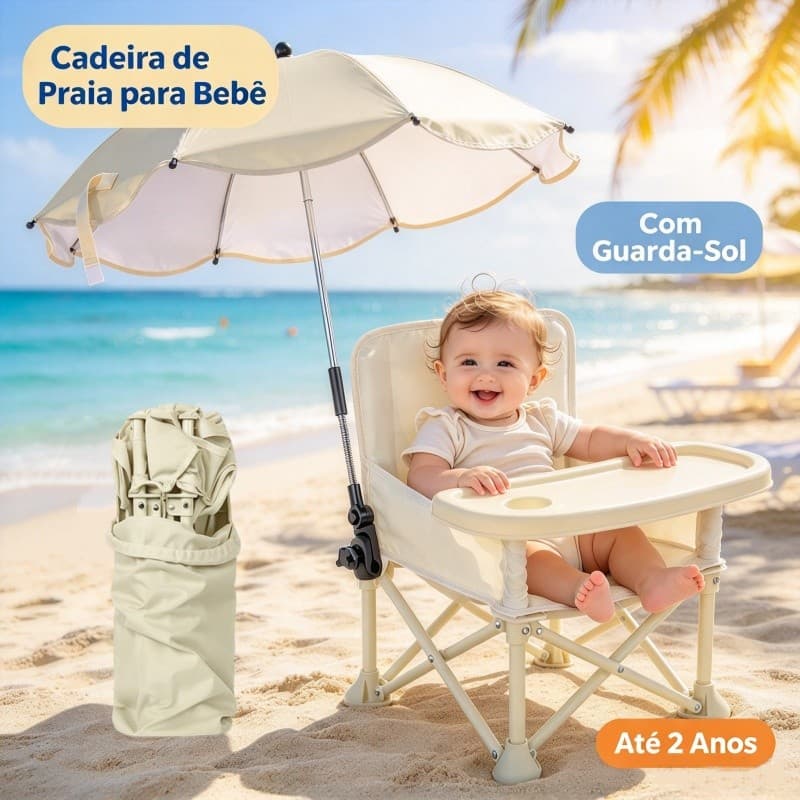 Cadeira de Praia ao Ar Livre Dobrável para Bebê, Com Guarda-Sol e Elevação, Indicada para Crianças Menores de 2 Anos