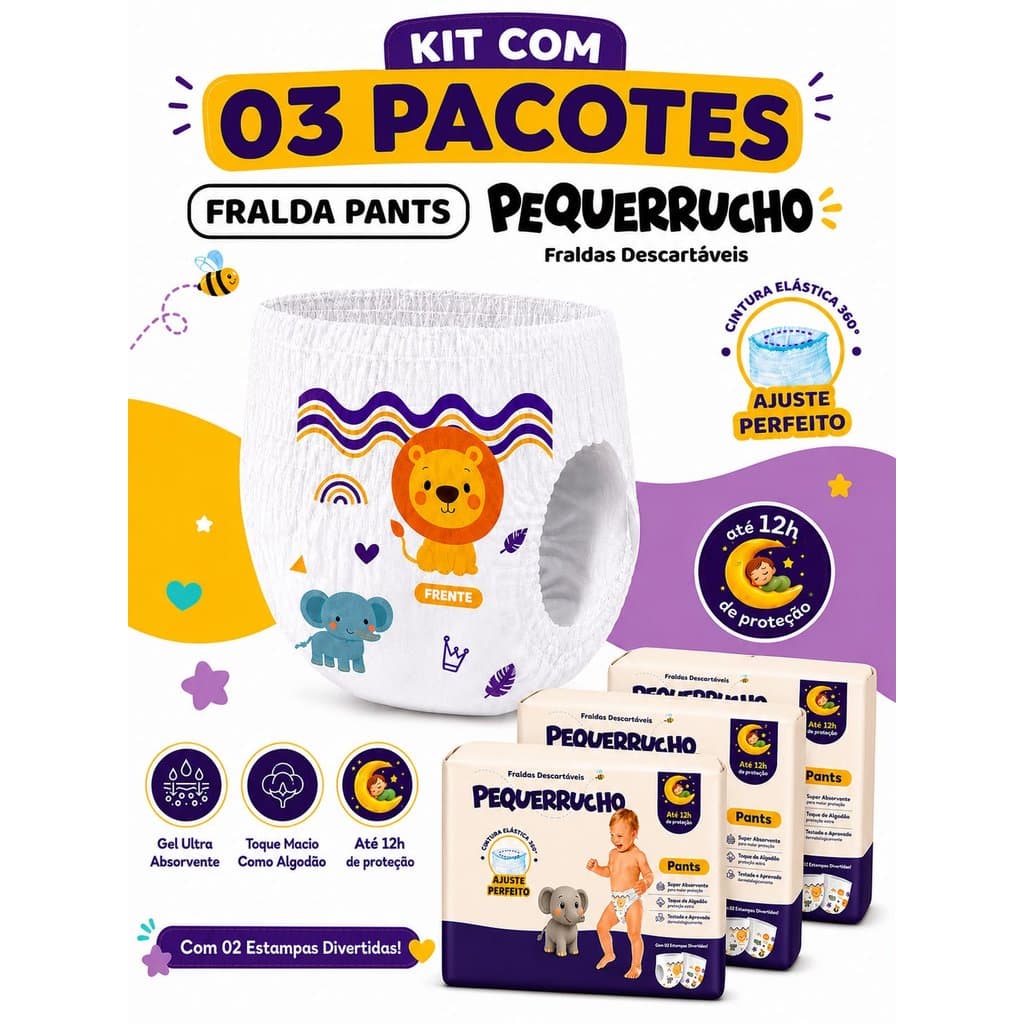 KIT COM 03 PACOTES DE FRALDA INFANTIL PEQUERRUCHO BABY FRALDA CALÇA – JUMBO