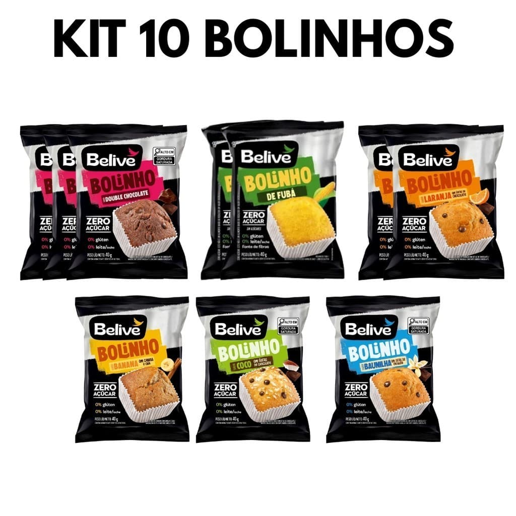 Kit 10 Bolinho Saudável Belive - Baunilha, Chocolate, Laranja, Banana com Canela e Coco com Gotas de Chocolate