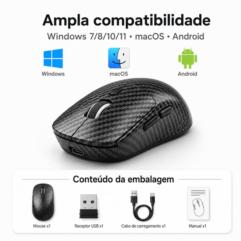 Mouse Sem Fio Bluetooth 5.4 e 2.4G Recarregável USB-C, Ergonômico com DPI Ajustável para Notebook PC e Home Office