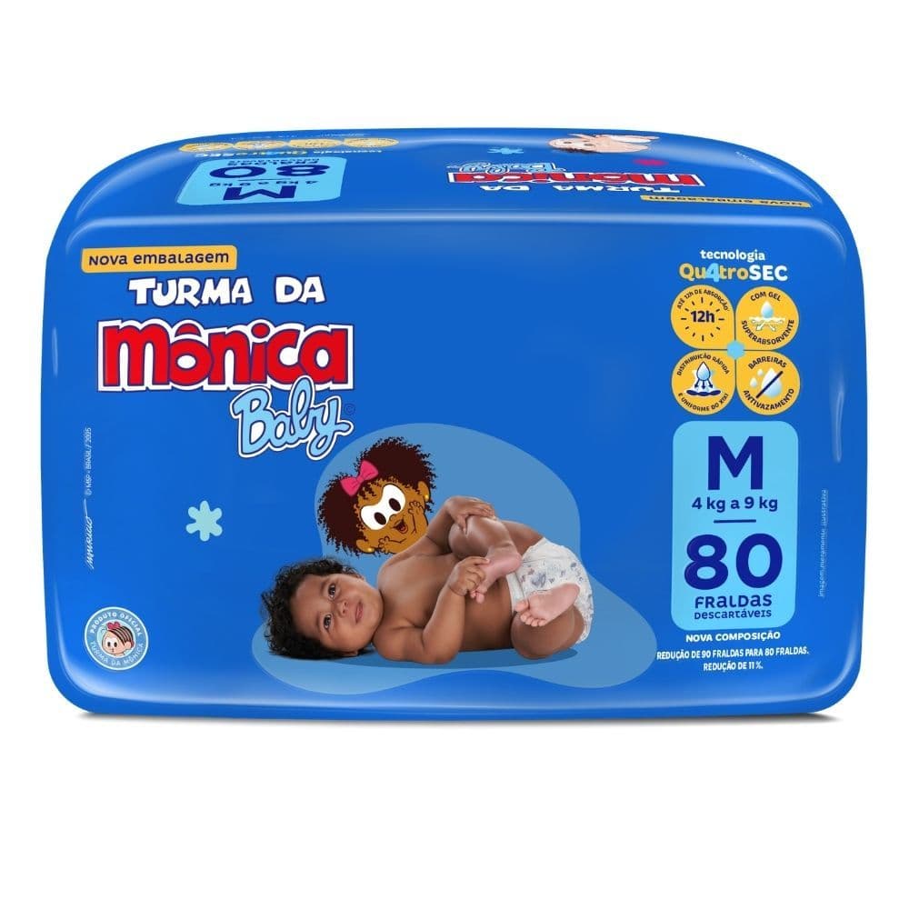 Fralda Turma da Mônica Baby Tamanho M com 80 Unidades Descartáveis