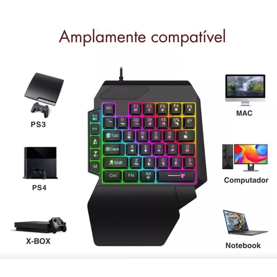 Mini Teclado Mecânico Uma Mão RGB para Jogos PC e Notebook, Ergonômico Portátil com Efeito de Luz