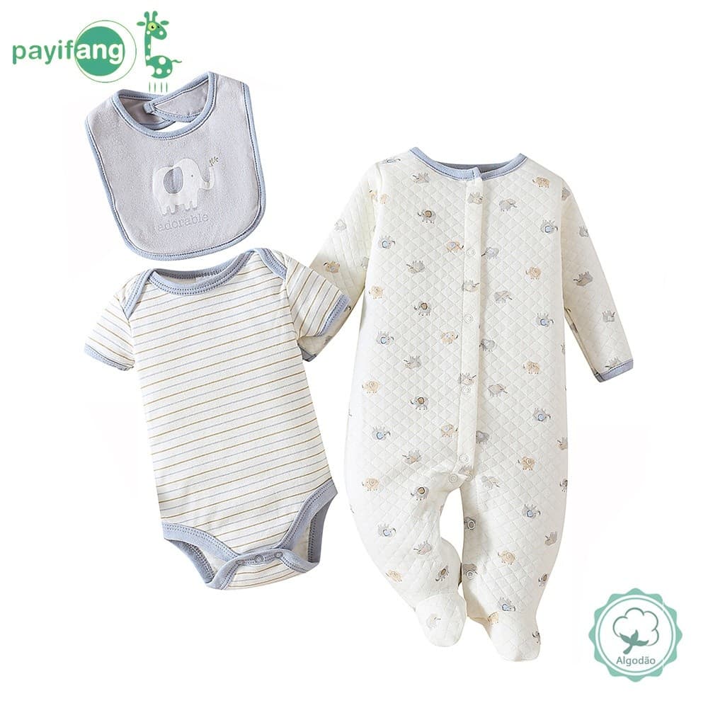 Payifang Kit Enxoval Bebê Unissex 0-9 Meses 100% Algodão Estampa Elefante Listrado Mameluco com Pé Body e Babero | PF