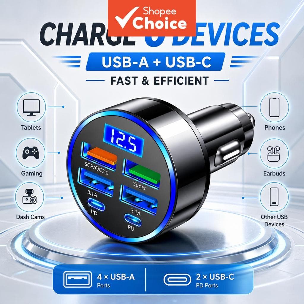 C5 Adaptador Carregador Veicular 6 em 1 com Display Digital LED 4USB+2PD DC12-24V Tomada de Carregamento Rápido