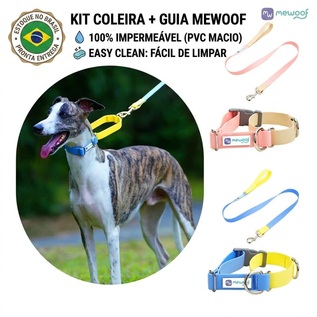 Kit Coleira e Guia Mewoof Revestido PVC Impermeavel Ajustavel Resistente Caes Gatos Pet Passeio